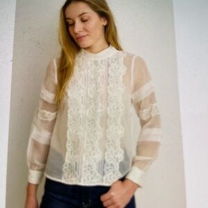 Women’s White House Black Market Sheer Organza Lace Vintage Style Blouse,Size 12